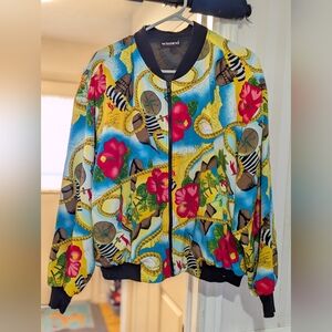 Vintage Floral Rope-Print Bomber Jacket - Blue/Yellow/Pink